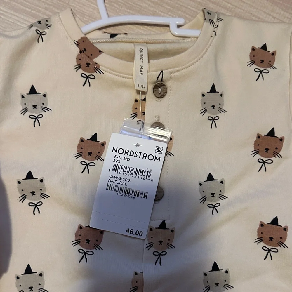 Quincy Mae Cream Cat Print Kids Footie
